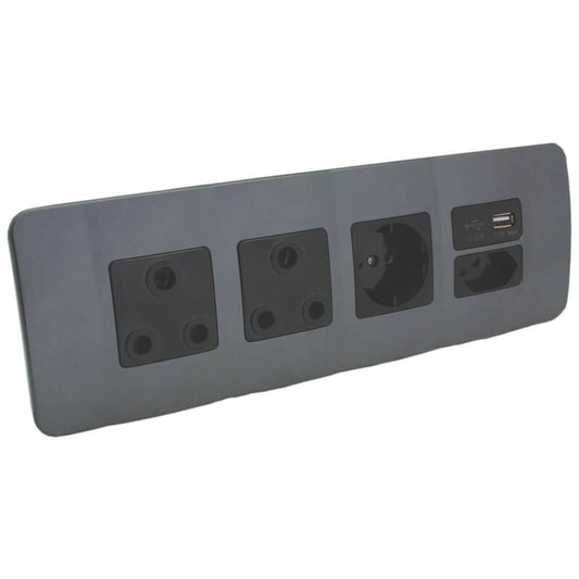 Double RSA Sockets, Single RSA Schuko, Single USB Charger and Single RSA V-Slim - Gun Metal