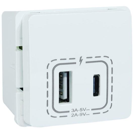 18W Combined USB-A & USB-C Socket Outlet -White/Black