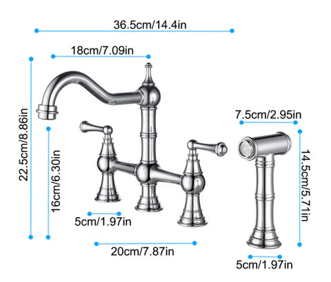 Chrome Antique Bridge Kitchen Mixer with Pull Down Spray #201890