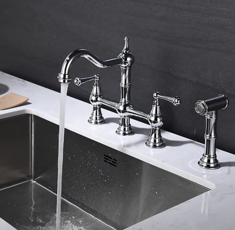 Chrome Antique Bridge Kitchen Mixer with Pull Down Spray #201890