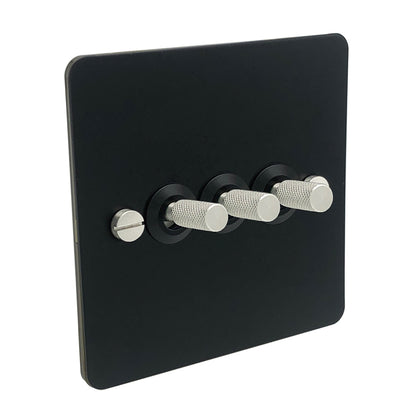 Detailed Black with Silver Toggle Light Switch - 3 levers
