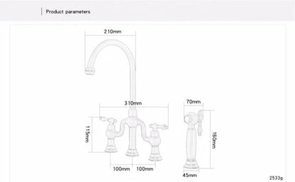 Brushed Gold Antique Bridge Kitchen Mixer with Pull Down Spray #202429
