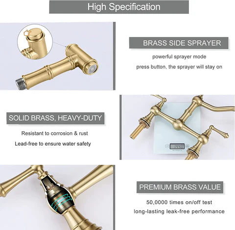 Brushed Gold Antique Bridge Kitchen Mixer with Pull Down Spray #202349