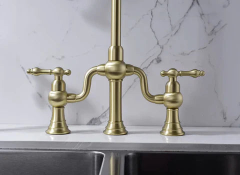 Brushed Gold Antique Bridge Kitchen Mixer with Pull Down Spray #202429