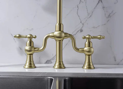 Brushed Gold Antique Bridge Kitchen Mixer with Pull Down Spray #202429