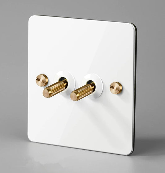 Detailed White & Brass - Toggle Light Switch - 2 levers