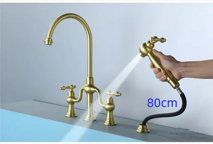 Brushed Gold Antique Bridge Kitchen Mixer with Pull Down Spray #202429