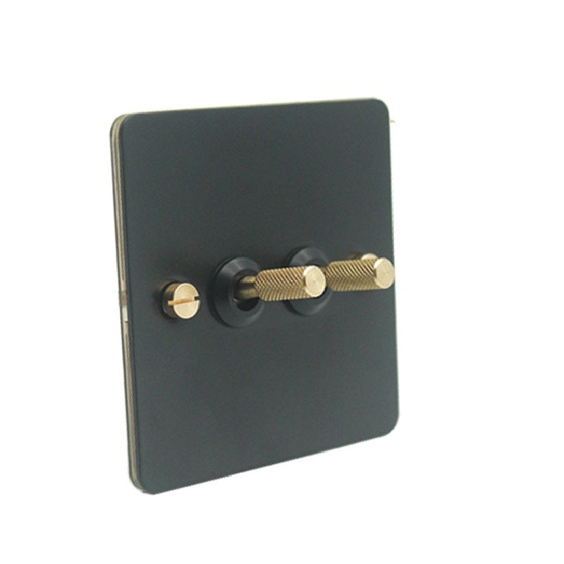 Detailed Black Brass Toggle Light Switch - 2 levers