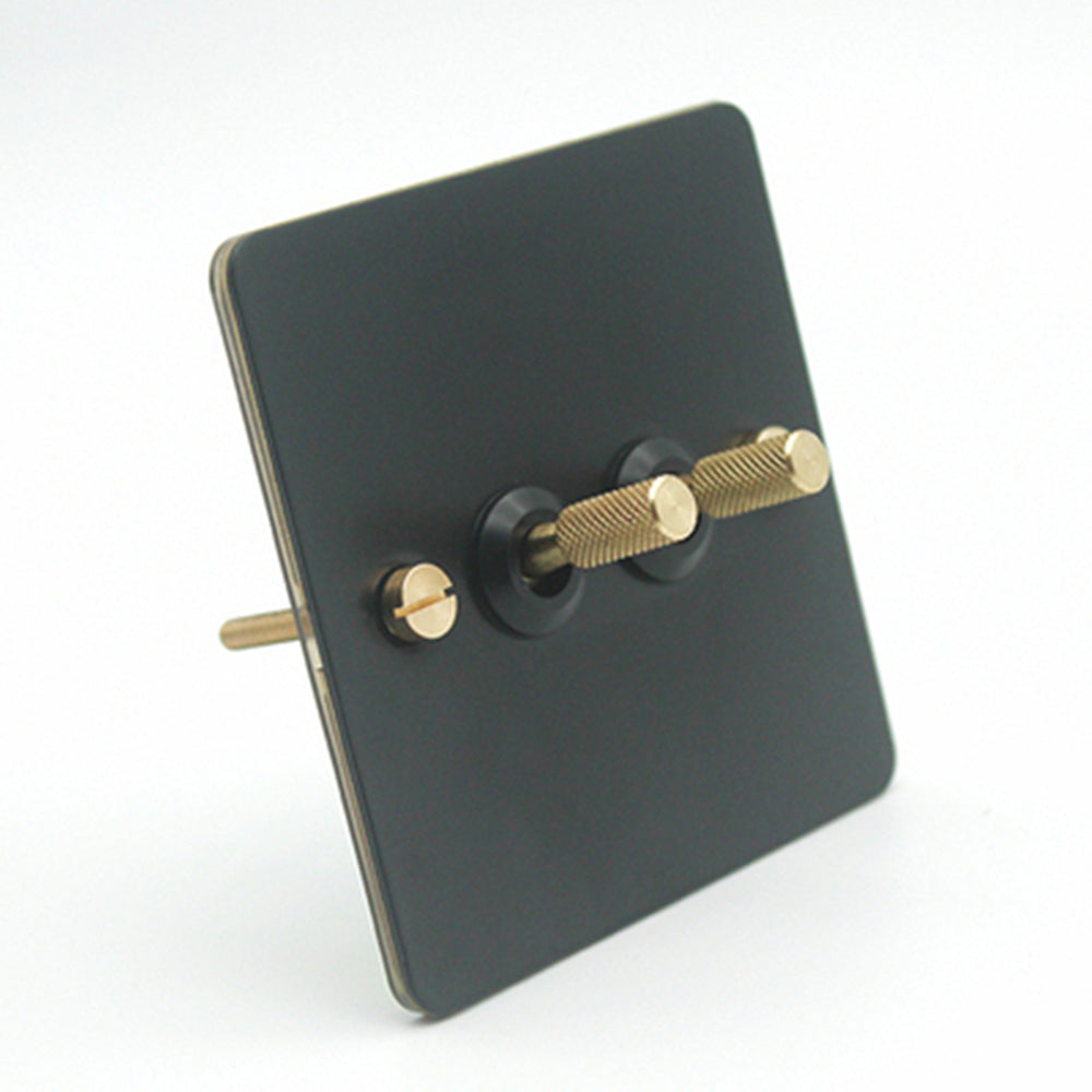 Detailed Black Brass Toggle Light Switch - 2 levers