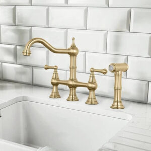 Brushed Gold Antique Bridge Kitchen Mixer with Pull Down Spray #202349