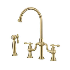 Brushed Gold Antique Bridge Kitchen Mixer with Pull Down Spray #202429